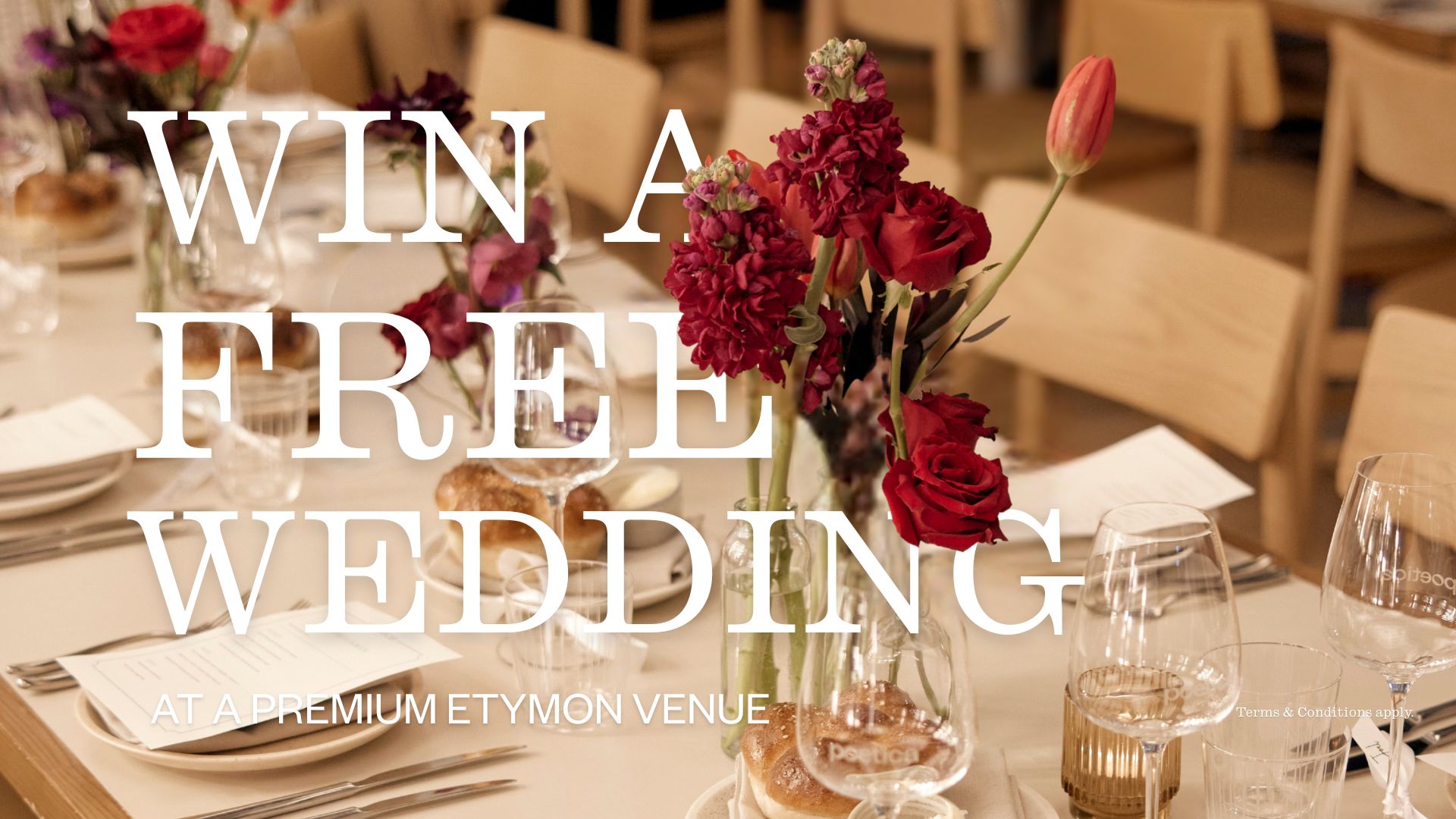 win a free wedding with a bunch of red roses on wedding table